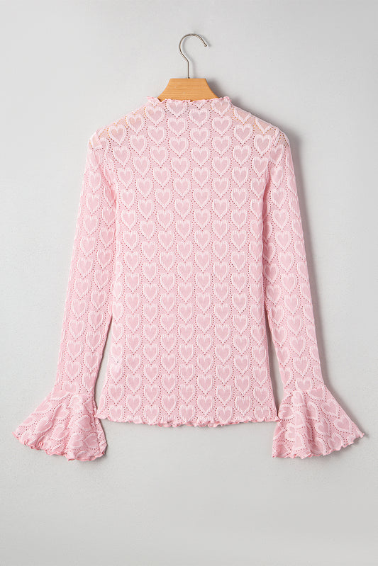 Gossamer Pink Heart Jacquard Flare Sleeve Mock Neck Fitted Top
