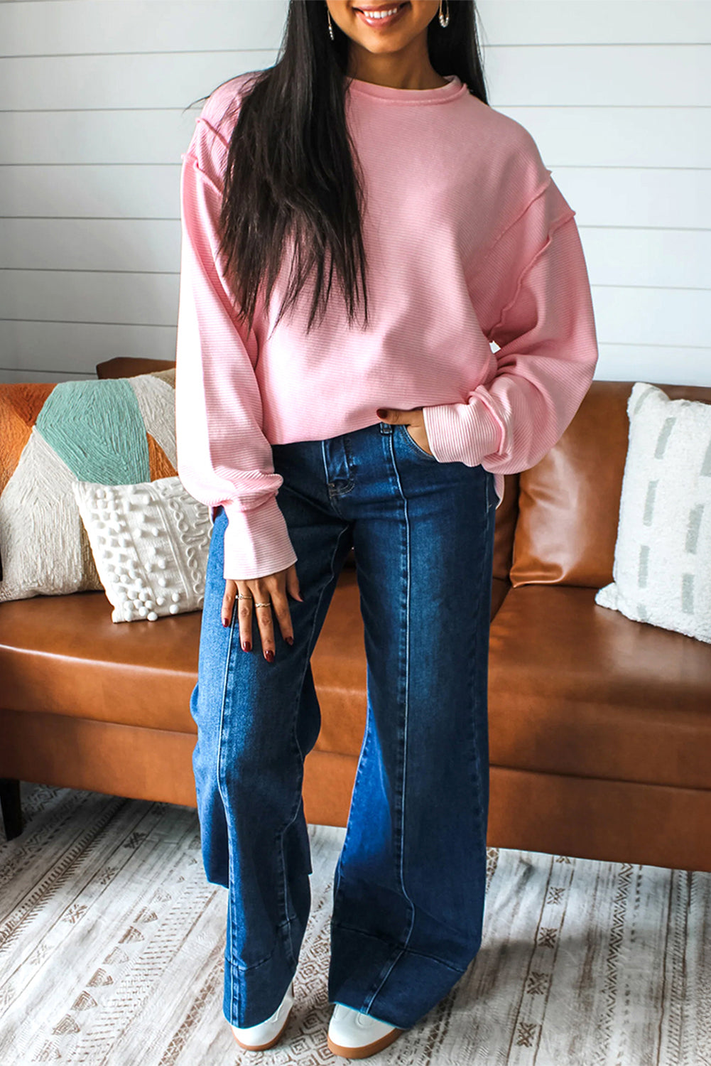 Pink Horizontal Ribbed Exposed Seam Detail Long Sleeve Top
