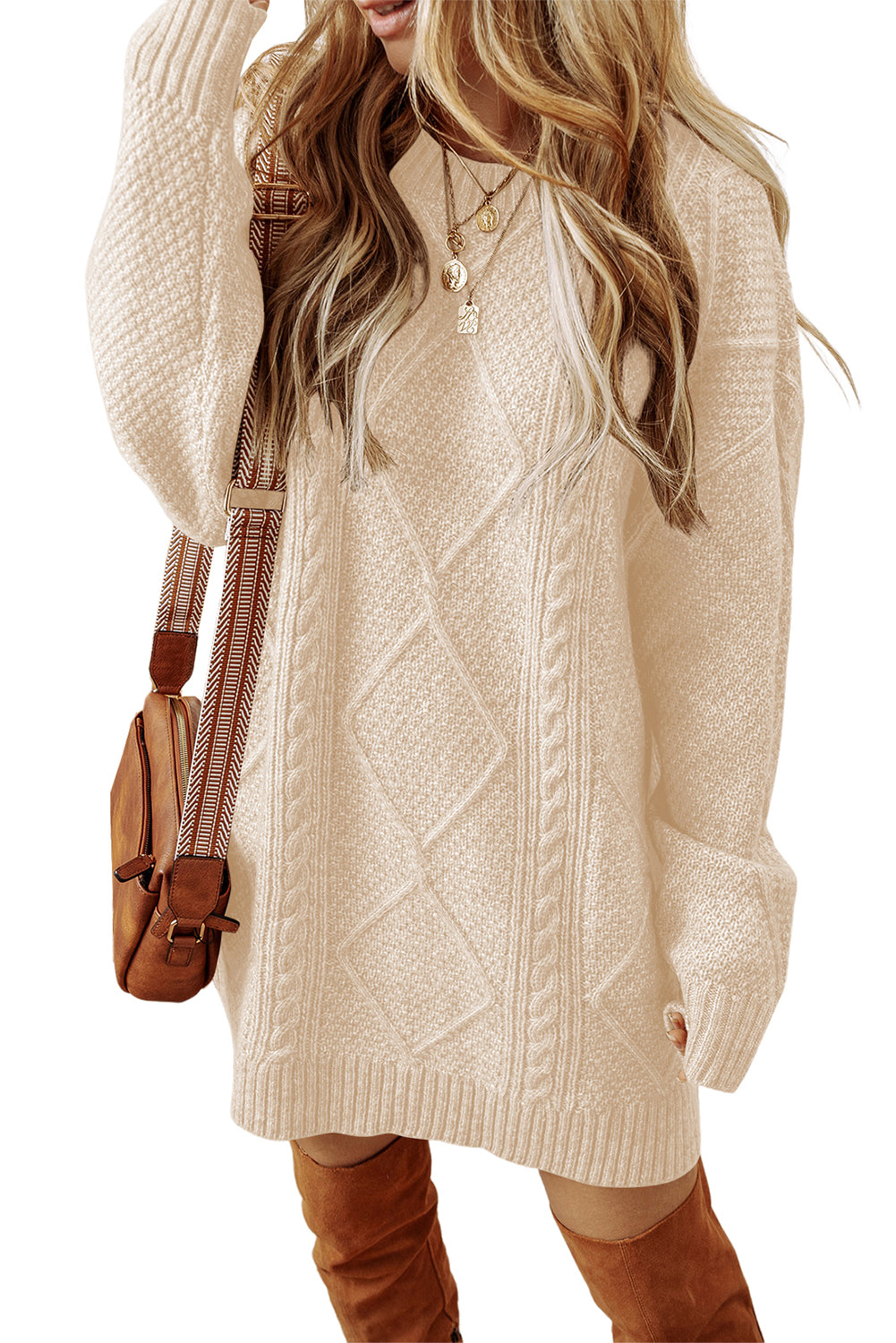 Oatmeal Cable Knit Drop Shoulder Loose Fit Sweater Dress