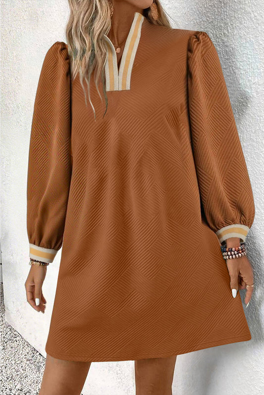 Chestnut Textured Contrast Striped Split Neck Long Sleeve Shift Mini Dress