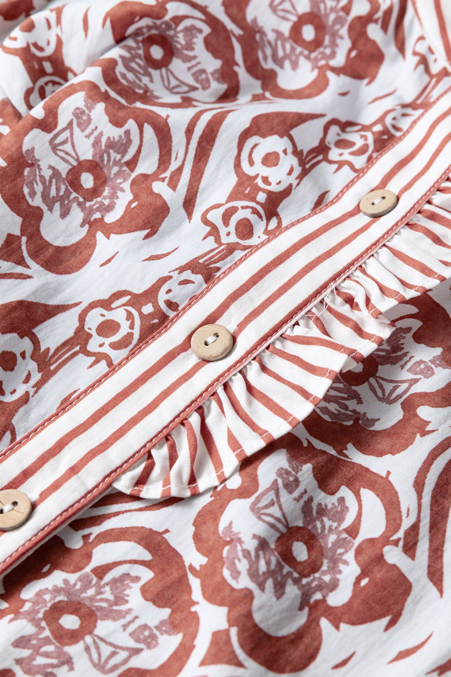 Floral Print Frilled Striped Trim Button Down Smocked Cuffs Long Sleeve Shirt