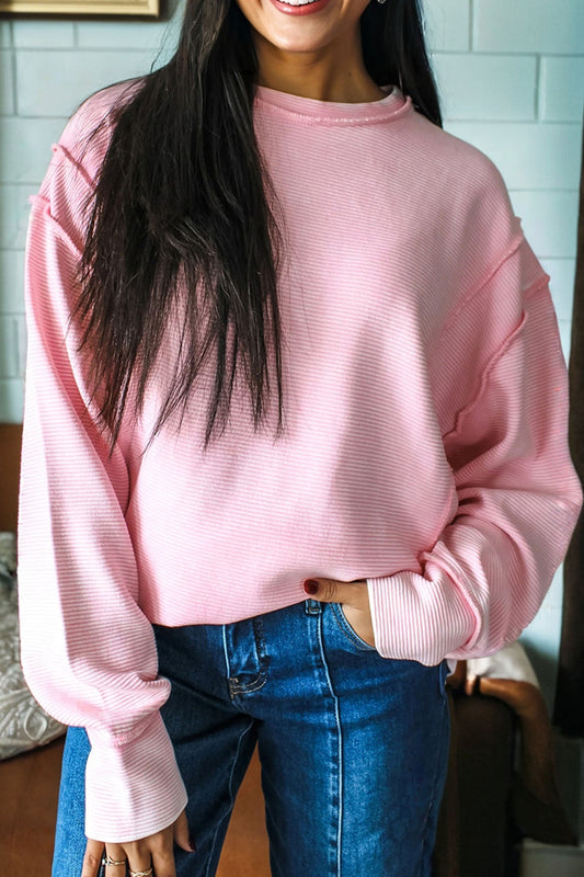 Pink Horizontal Ribbed Exposed Seam Detail Long Sleeve Top