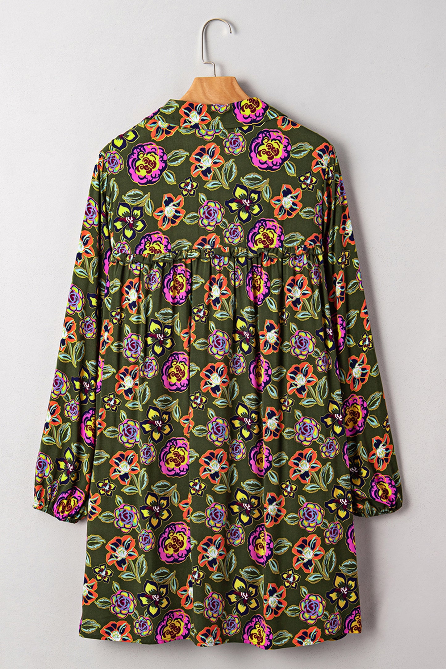 Green Plus Size Floral Print Collared V Neck Loose Mini Dress