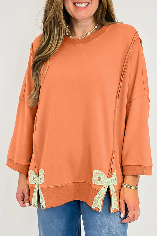 Grapefruit Orange Floral Bow Patched Exposed Seam Patchwork Slit Baggy Sweatshirt