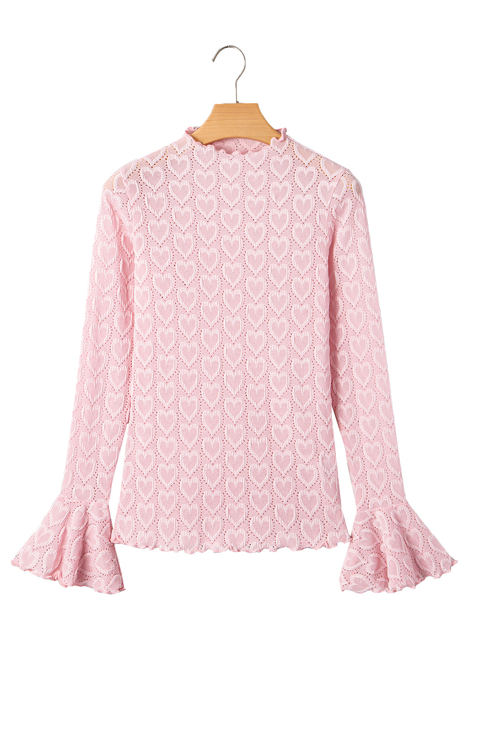 Gossamer Pink Heart Jacquard Flare Sleeve Mock Neck Fitted Top