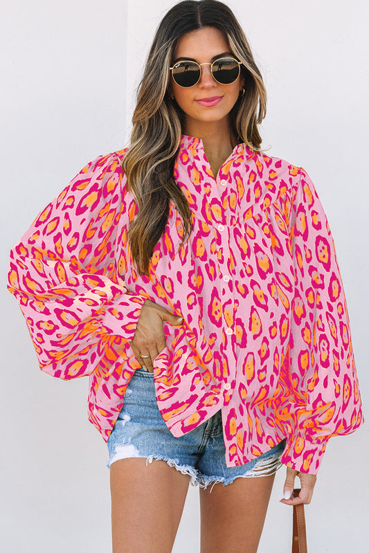 Rose Red Oversized Leopard Print Balloon Sleeve Casual Shirt