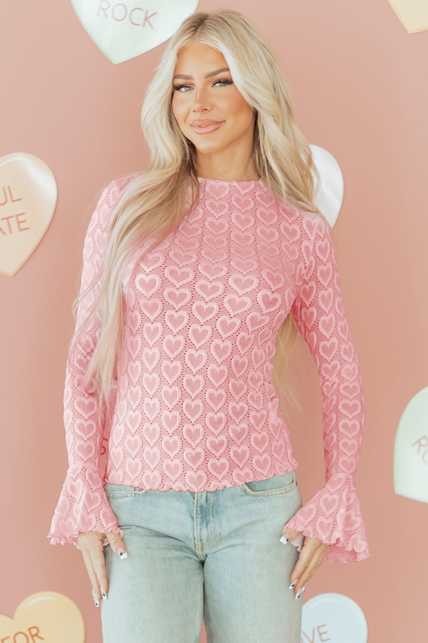 Gossamer Pink Heart Jacquard Flare Sleeve Mock Neck Fitted Top