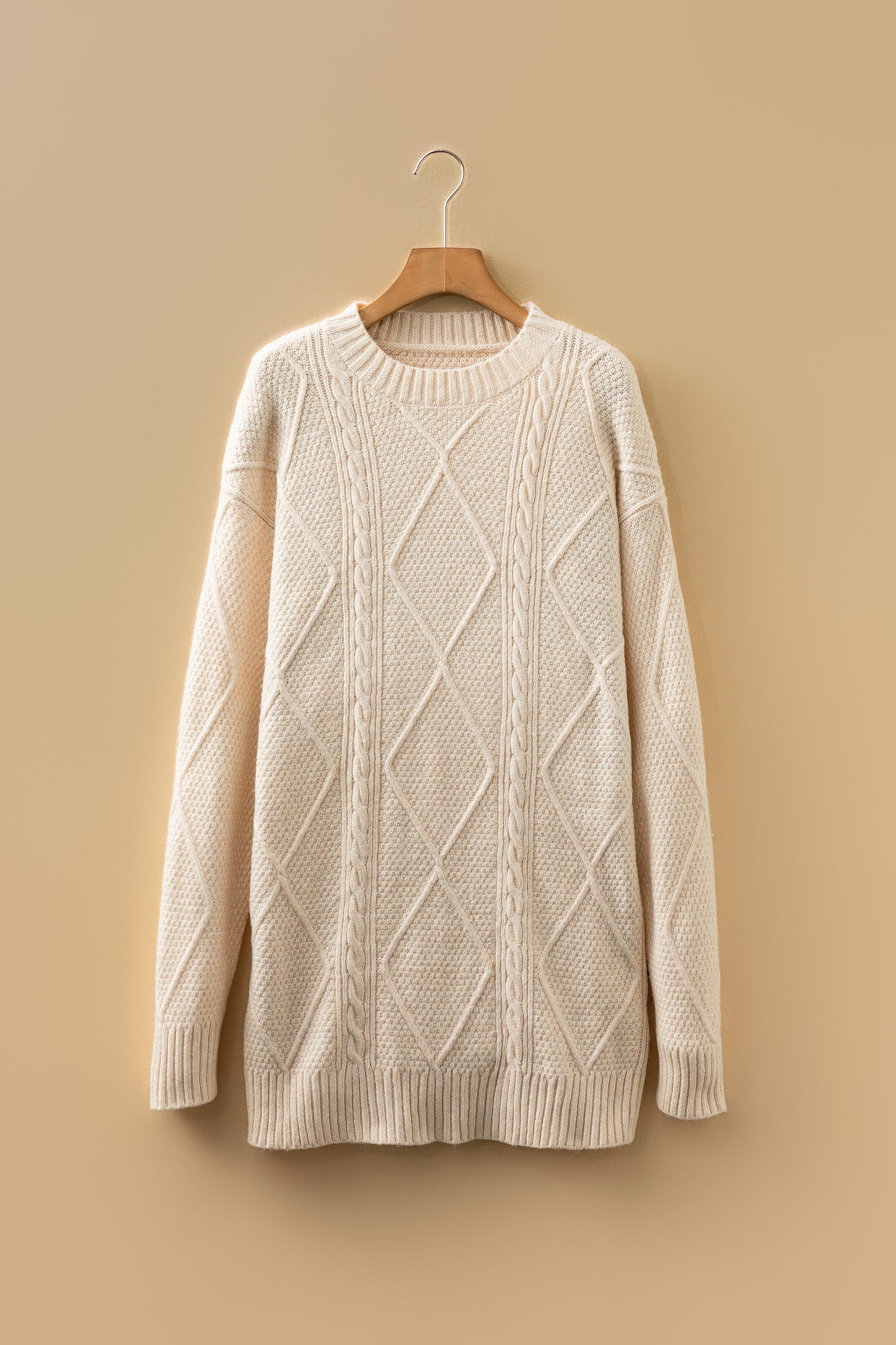 Oatmeal Cable Knit Drop Shoulder Loose Fit Sweater Dress