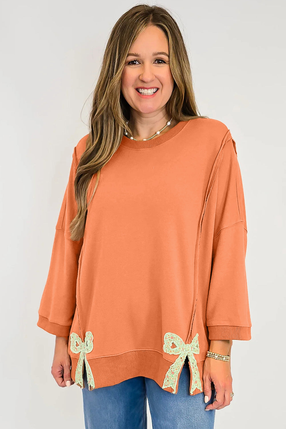 Grapefruit Orange Floral Bow Patched Exposed Seam Patchwork Slit Baggy Sweatshirt